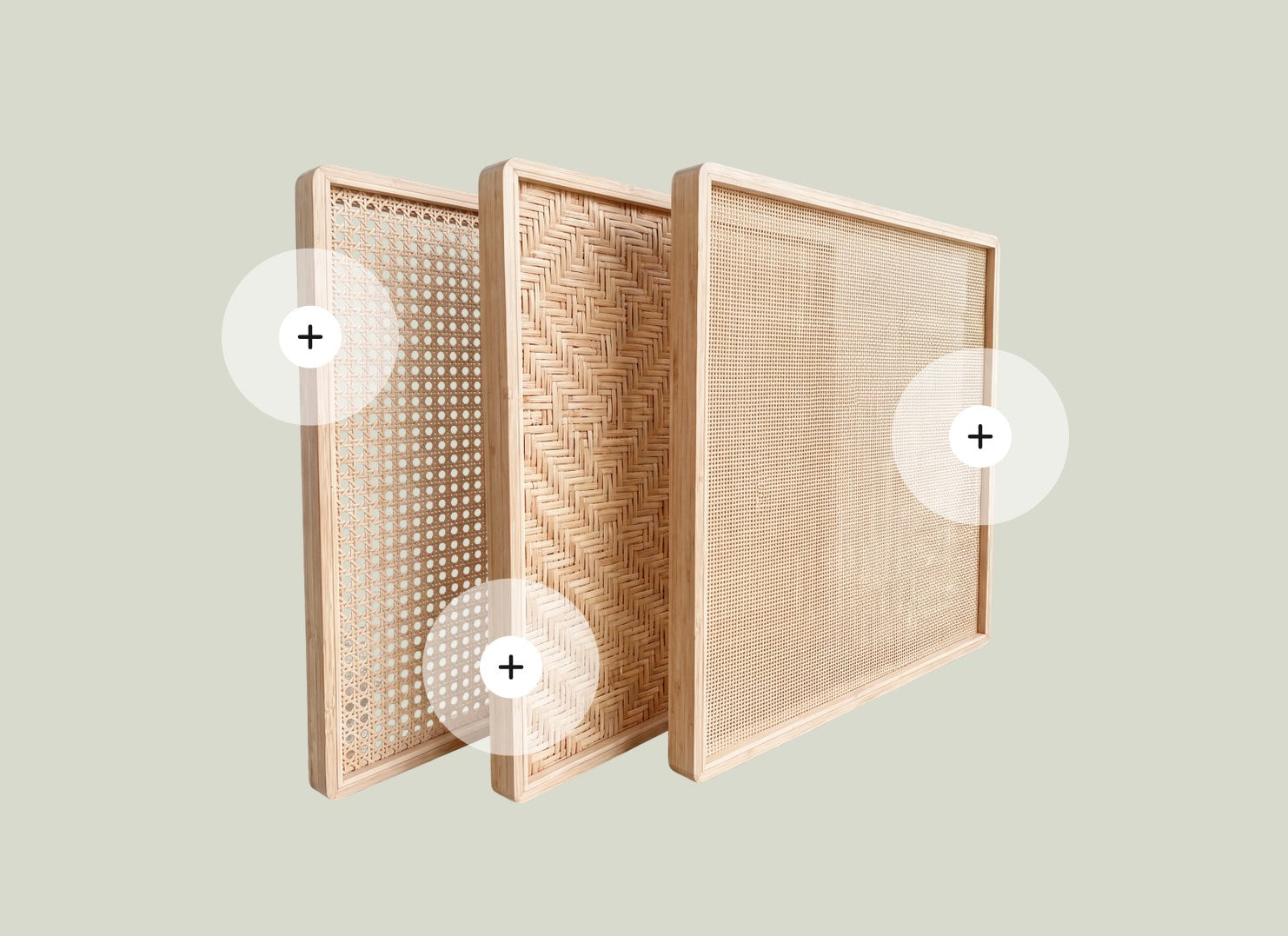 Engineered bamboo frames with open weave, herringbone, and closed weave rattan inserts